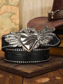 1 条时尚黑色真皮牛仔腰带/合金西部时尚男士腰带，黑色雕花图案银色柳钉装饰复古摇滚时尚合金翅膀爱心扣男士皮带适合年轻男孩聚会、跳舞、闪亮装饰、城郊旅行、日常休闲出游 - 黑色 - 查看 7