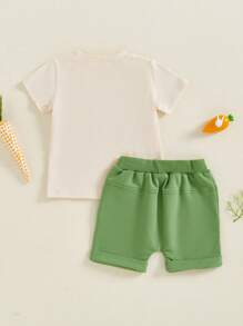 Kid's Summer Style Boys' Tractor Embroidered Short Sleeve Tops With Solid Color Shorts Sets - Green - View 6