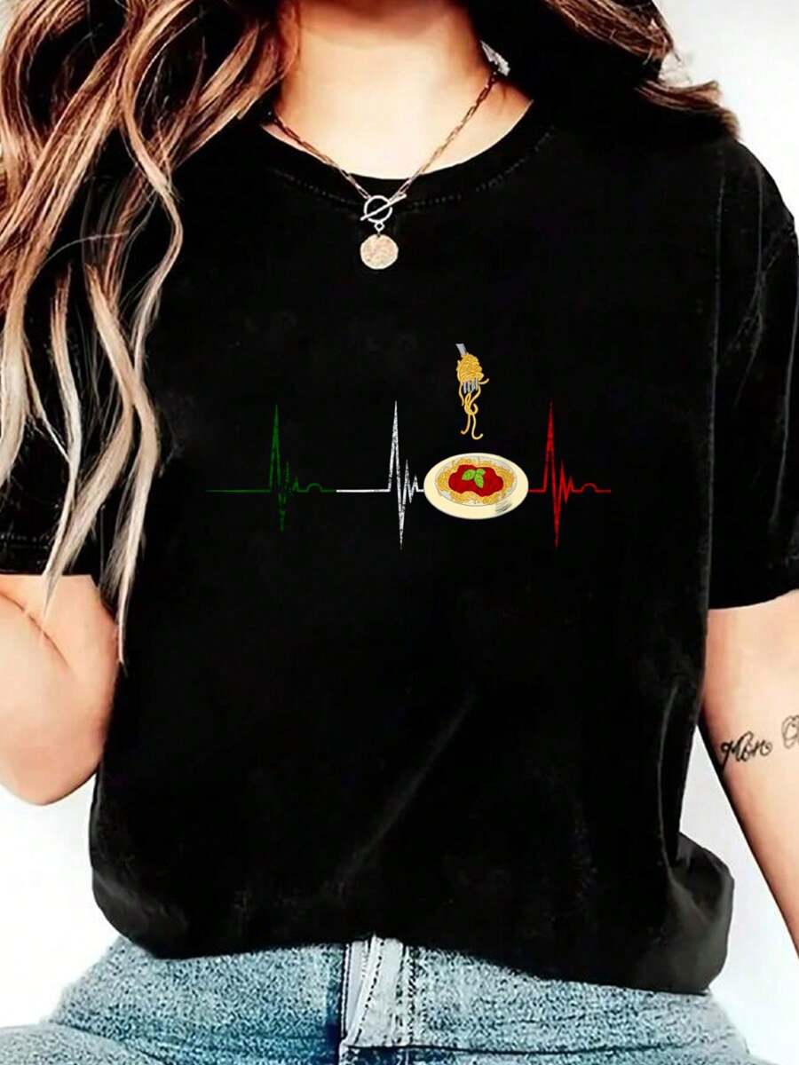 Italian Spaghetti Pasta Noodles Heartbeat EKG Pulse Cooking T-Shirt