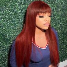 Long Straight Hair Burgundy Wigs With Bangs Heat Resistant Hair Synthetic No Lace Wigs For Fashion Women 28 Inch