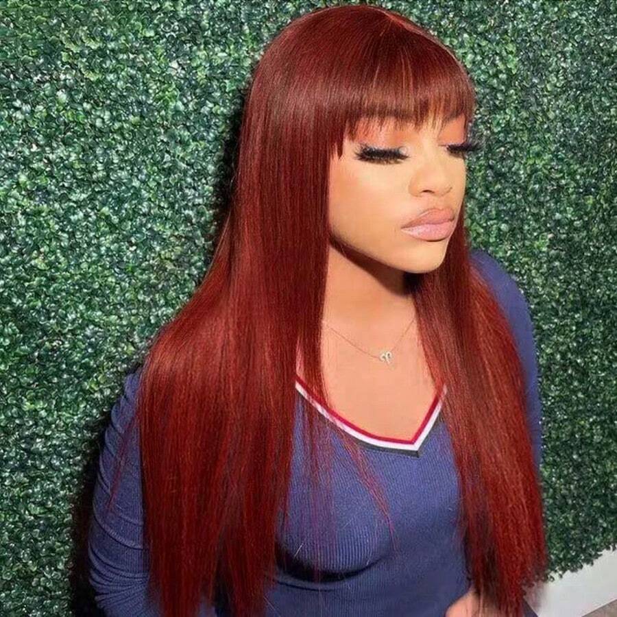 Long Straight Hair Burgundy Wigs With Bangs Heat Resistant Hair Synthetic No Lace Wigs For Fashion Women 28 Inch