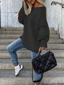 Áo len nữ dáng rộng, lệch vai, tay phồng, kiểu dáng thường ngày. - màu đen - Xem 4