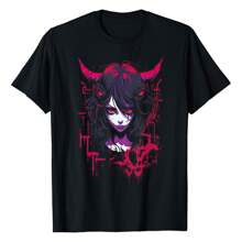 Camiseta de anime con estética japonesa de chica gótica y terror grunge, de algodón puro de 220 g, con cuello redondo y manga corta con estampado de un solo lado.