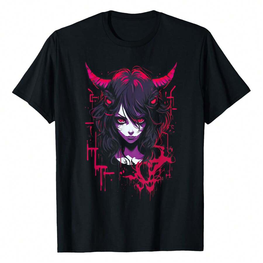 Camiseta de anime con estética japonesa de chica gótica y terror grunge, de algodón puro de 220 g, con cuello redondo y manga corta con estampado de un solo lado.