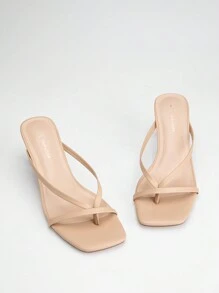 Women Comfortable Kitten Low Heel Thong Heeled Sandals Fashion Square Open Toe Comfort Shoes For Party Casual Slides - 裸色 - 查看 5