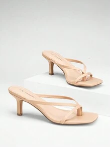 Women Comfortable Kitten Low Heel Thong Heeled Sandals Fashion Square Open Toe Comfort Shoes For Party Casual Slides - 裸色 - 查看 4