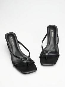 Women Comfortable Kitten Low Heel Thong Heeled Sandals Fashion Square Open Toe Comfort Shoes For Party Casual Slides - Black - View 5