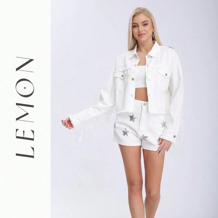 LEMON COLLECTION LEMON Spring And Autumn Women's Jacket, Star Tassel 2-Piece Set, Minimalist Design And Solid Color, Denim Jacket, Elegant, Fashionable And Luxurious