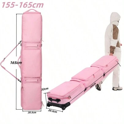 DashingNoah Rolling Ski Bags With Wheel, 165cm-175cm Padded Waterproof Snowboard Bag For Air Travel, Fits Single Ski & Skis With 3 Separation Storage, Unisex Adjustable Length, Pink