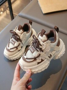 Kids' Fashionable Casual Sports Shoes, Student Running Shoes, Campus Sports Chunky Sneakers, Suitable For All Seasons, Color Blocking Woven Sports Shoes - Khaki - View 1