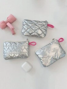 Rhombus Silver Heart & Bow Coin Purse, Cute Clutch Makeup Pouch, Portable Sanitary Napkin Bag, Suitable For Daily Use - Women Fashion Accessory - Multicolor - View 2