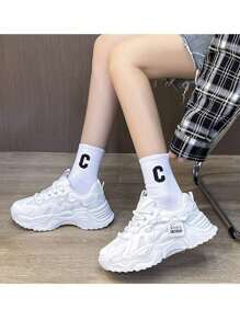 Women's fashion casual trainers, lace up, height increase, thick sole, - Blanco - Ver 3