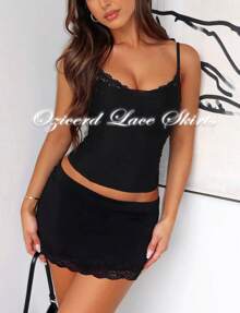 OZICERD Womens Black Mini Skort Lace Trim Bodycon Mini Skirts For Women High Waisted Y2k Cute Short Skirt Pencil Skirt Going Out Skirts Club Party Rave Concert Outfits Elegant Skirts Elastic Comfortable Summer Sexy Skirts Basic - 黑色 - 查看 2