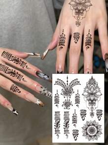 1 件黑色指甲花蕾丝边曼陀罗花图案临时防水纹身贴纸，适用于手部、背部、身体装饰、日常佩戴和礼物