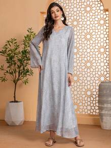 女士雕花雪纺长袖衬里连衣裙优雅长袖长袍 Abaya 朴素卡夫坦 Jalabiya 阿拉伯连衣裙斋月风格 - 淺灰色 - 查看 3