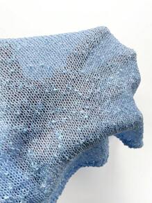 Vestido feminino de verão para férias na praia, cor sólida, ombro a ombro, manga longa transparente e vazada. - Azul - Ver 8