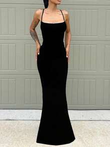 Women's Summer Spaghetti Strap Dresses Small Red Flower Design White Trim Sleeveless Slim Fit Long Bodycon Dresses - Black - View 7