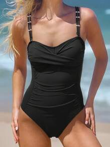 New Arrival Women's Solid Black Spaghetti Strap Beaded Decor Criss-Cross Pleat Minimalist One-Piece Swimsuit, Summer Beach Vacation