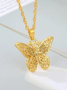 1 件装女士蝴蝶项链不锈钢水波链颈链吊坠项链蝴蝶珠宝礼物 - 彩色 - 查看 5