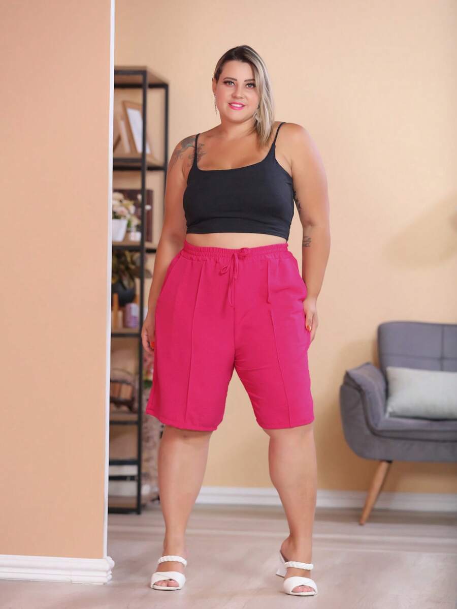 Women's Plus Size Bermuda Shorts High Waist With Elastic Summer Top - Màu Hồng Tươi - Xem 1
