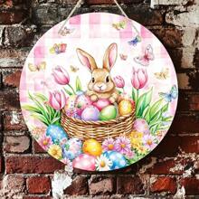 1 个木制复活节兔子标志，7.9 英寸，粉色兔子配篮子和鲜花，2D 印刷墙壁艺术，多功能挂饰，英文文字，无需电池，室内家居装饰，礼物 - 彩色 - 查看 8