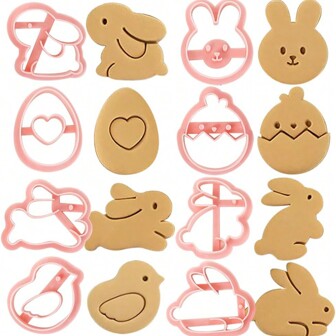 8 Pcs Easter Cookie Cutters,Cartoon Rabbit Chicken Easter Egg Biscuit Cutter Cute Chick Rabbits Bunny Face Cookie Cutter 3D Pink Animal Cookie Molds For Kitchen Baking Birthday Holiday Party Supplies