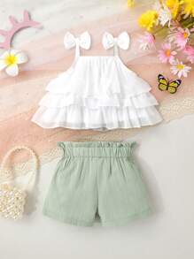 Baby Girl Cute Fashion Comfortable Casual Bow Decor Layered Ruffle Camisole Top And Solid Color Paper Bag Waist Shorts Set, Suitable For Summer Daily Outing, Vacation, Party - White - View 2