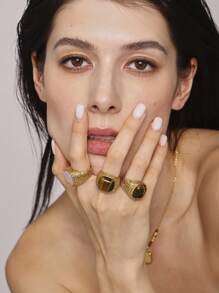 MiDuoDuo 1pc MiDuoDuo Cross-Border Luxury Retro Natural Tiger Eye & Rose Quartz Ring, Fashion Lady Daily Ring