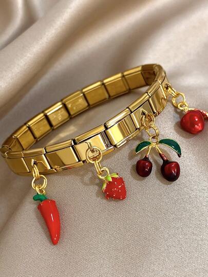 1pc Fruit Pendant Bracelet For Women Strawberry Cherry Watch Strap Bracelet Stainless Steel Bangle Bracelet For Daily Party Jewelry Birthday Christmas Gifts