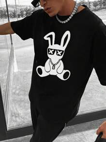 男士个性化印花短袖 T 恤，舒适透气面料，时尚夏装 - 黑色 - 查看 7