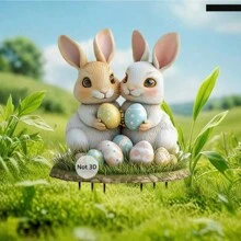 1 件，复活节兔子花园堆叠，2D Yaranli 双兔雕像带复活节彩蛋，用于户外草坪和花园装饰，复活节主题装饰 - 彩色 - 查看 15