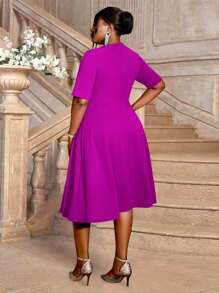 Vestido de línea A elegante, diseño de cuello asimétrico, talla grande, adecuado para diversas ocasiones como eventos, reuniones de la iglesia, trabajo, negocios, ropa formal de moda para mujeres - rosa roja - Ver 3