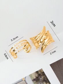 1 set di 2 pezzi Anelli moderni con apertura asimmetrica, anelli regolabili traforati a linea/foglia per donne - Dorato - Visualizzare 5