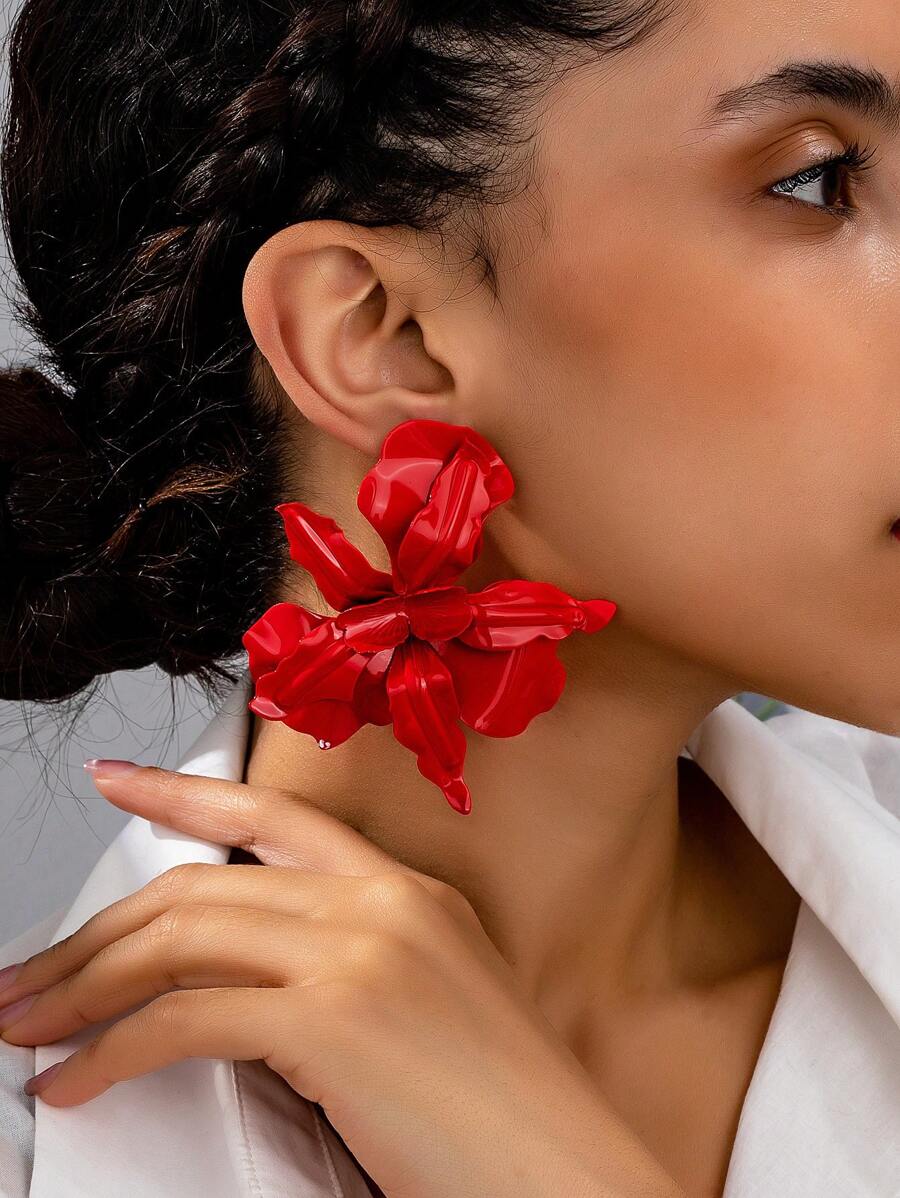 1 Đôi bông tai mặt dây chuyền hoa kim loại phong cách du lịch, phù hợp với trang phục hàng ngày và dự tiệc của phụ nữ, họa tiết hoa ngẫu nhiên - Đỏ - Xem 1