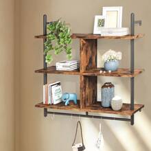 3 Tier Floating Shelves Metal Brackets Wall Mounted Shelf Over Toilet Bathroom - Brown - View 2