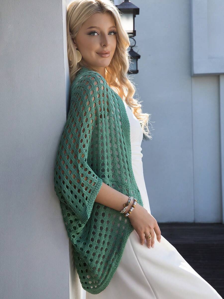 女士夏季海滩休闲蝙蝠袖镂空钩针开衫