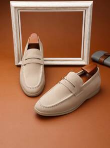 Men's Soft Leather Comfortable Loafers, Fabric Low-Cut Slip-On Shoes, Business Formal Shoes, Simple Professional Work Shoes, Casual Shoes, Fashionable Men's Dress Shoes With Comfortable Round Toe And Classic British Style, All-Match Wedding Shoes - Khaki - View 7