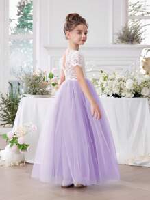 Young Girl Lace Trim V-Neck Mesh Princess Dress, Suitable For Birthday Party, Valentine's Day Gift, Prom, Party, Important Occasions, Holiday Celebration, Stage Performance