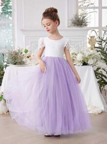 Young Girl Lace Trim V-Neck Mesh Princess Dress, Suitable For Birthday Party, Valentine's Day Gift, Prom, Party, Important Occasions, Holiday Celebration, Stage Performance