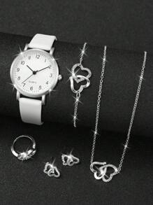 6pcs/Set Women's Gift Watch With Elegant Numeric Dial, Classic Fashion Quartz Wristwatch + Heart-Shaped Jewelry (Watch Box Not Included) - White - View 2