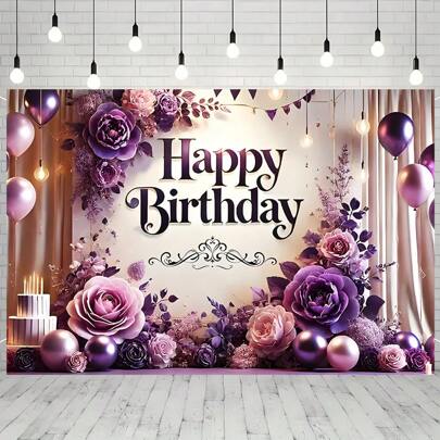 1pc Purple Floral Balloon Birthday Backdrop Banner, Polyester Party Decoration For Birthday, Anniversary, Photo Wall Decor Indoor And Outdoor Use