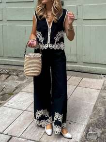 Conjunto de 2 Peças PoPoHouse para Mulheres, Top Regata Vintage Bordada com Renda e Calça Pantalona, Estilo Boho para Férias - Preto - Visão 7