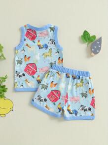 Baby Toddler Boy Shorts Set Tractor/Animal Sleeveless Tank Tops Elastic Waist Shorts Farm Clothes - Blue - View 3