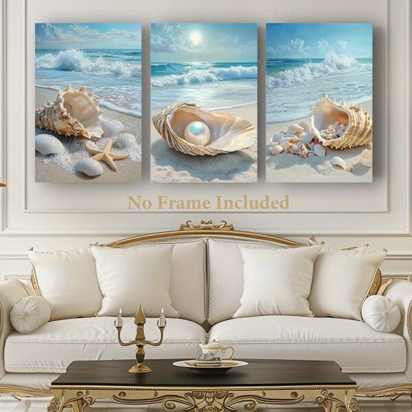 3pcs Beach Themed Canvas Art Prints, No Frame Wall Decor, Seashell And White Sand Scenery, Coastal Decor,For Summer Elegant Living Room Bedroom Artwork For Living Room Summer Decoration