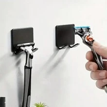 2pcs No-Drill Razor Holder, Wall-Mounted With Hooks For Power Cord, Plug, Clothes, Bags Storage, Bathroom/Dorm Shaver Rack, Convenient Storage (Random Color)
