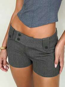 Summer Street Style Leg-Lengthening Fashion Versatile Elegant Simple Low-Waist Button Shorts - Grey - View 1