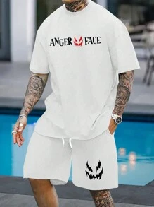 2pcs Men Summer Casual Print Round Neck Short Sleeve T-Shirt And Drawstring Shorts Suit - Multicolor - View 1