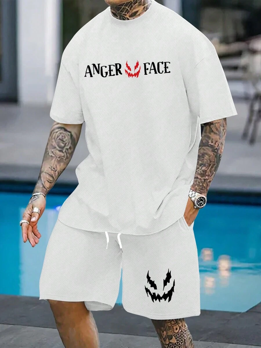 2pcs Men Summer Casual Print Round Neck Short Sleeve T-Shirt And Drawstring Shorts Suit - Multicolor - View 1