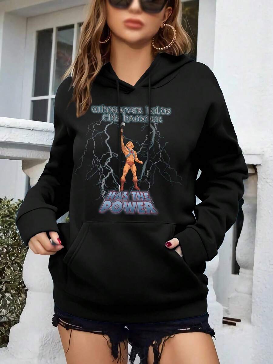 Women's He-Man Mjolnir Hoodie T-Shirt Powerful Graphic Tees - Black - View 1