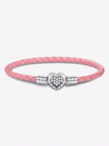 1Pc Glamorous 16-21CM 925 Sterling Silver Heart Bead Leather Cord Bracelet For Women Girlfriend Gift Fine Ladies Jewellery